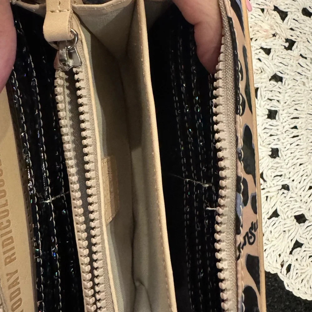 Consuela Tan and Black Leopard Patent Zip Wallet